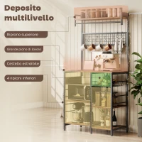 HOMCOM Scaffale Cucina con Prese e LED, Angolo Caffè, Asta Appendiabiti, Pannello in Metallo, 5 Ripiani, Cestello, 10 Ganci, Marrone Rustico(m-7)