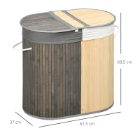 HOMCOM 100 L Wäschekorb mit Deckel, Griff, 2 Abschnitte, herausnehmbarer Wäschesack, für Schlafzimmer, Bambus Grau+Natur(m-3)