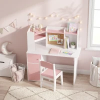AIYAPLAY Bureau Enfant avec Chaise, Table d'Étude, Support de Tablette Réglable, Porte-Stylos, Panneau en Liège, 5-12 ans, Rose(m-10)