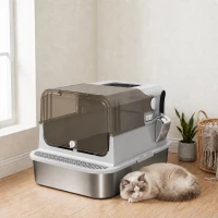 PawHut XXL Edelstahl-Katzentoilette mit Klappdeckel, Katzenklo mit Schaufel, für große Katzen bis zu 15 kg, leicht zu reinigen(m-9)