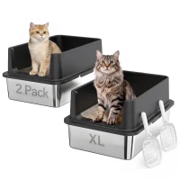 PawHut 2er-Set Katzenklo Edelstahl XL mit Hohem Rand Deckel 60x40x30cm Halboffene mit 2 Schaufeln, für Große Katzen bis 8 kg(m-8)