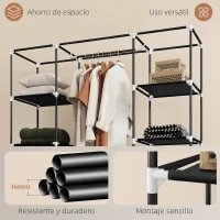 HOMCOM Armario de Tela con Barra 10 Estantes Abiertos Cremallera Cubierta y Marco de Acero 150x43x162,5 cm Negro(m-6)