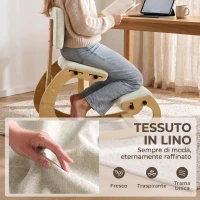 HOMCOM Sedia Ergonomica Inginocchiata in Tessuto Effetto Lino e Compensato di Betulla, Crema(m-6)