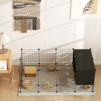 PawHut DIY Small Animal Cage with Elevated Huts, C&C Cage for Guinea Pigs, Hedgehogs, Rabbits, 31 Panels, Black(m-11)