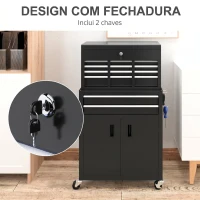 HOMCOM Carro de Ferramentas com Baú Superior, 6 Gavetas, Armário, Fechadura e 4 Ganchos para Garagem e Casa, Preto(m-6)