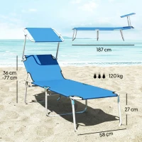 Outsunny Sun Lounger, with Adjustable Face Canopy - Bright Blue(m-3)