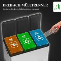 HOMCOM Mülleimer mit 3 x 10 L Fächern, Deodorant-Deckel, fingerabdrucksicher, Soft-Close, herausnehmbar, Silber(m-4)
