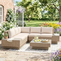 Outsunny 4 Pieces Rattan Garden Furniture Set, Garden Corner Sofa with Side Trays, Wicker Conservatory Furniture Set with Loveseats, Slatted Plastic Top Coffee Table and Cushions, Beige(m-2)