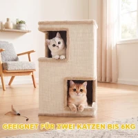 PawHut 3-poziomowa beczka do drapania do wnętrz, półzamknięta jaskinia dla kota z powierzchniami do drapania wokół, 2 legowiska(m-7)
