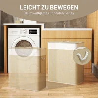 HOMCOM Bambus Wäschekorb mit Deckel 2 Fächer 100 L Wäschesammler mit Seilgriffen, herausnehmbarer Wäschesack(m-6)