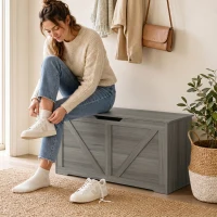 HOMCOM 127L Home Storage Box, with Safety Hinges - Dark Grey Wood-Effect(m-14)