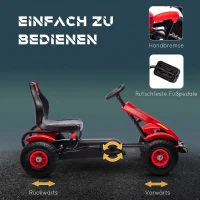 HOMCOM Gokart Tretauto mit Handbremse, verstellbarem Sitz, Vor- und Rückwärtsgang, bis 50kg für Kinder 5-12 Jahren Rot(m-5)