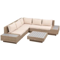 Outsunny 4 Pieces Rattan Garden Furniture Set, Garden Corner Sofa with Side Trays, Wicker Conservatory Furniture Set with Loveseats, Slatted Plastic Top Coffee Table and Cushions, Beige(m-10)
