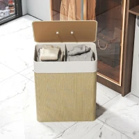 HOMCOM Bambus Wäschekorb mit Deckel 2 Fächer 100 L Wäschesammler mit Seilgriffen, herausnehmbarer Wäschesack(m-9)