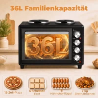 HOMCOM 36 l mini piekarnik z 2 płytami grzewczymi, elektryczny piekarnik stołowy z termoobiegiem, 90–230 °C(m-5)