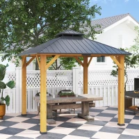 Outsunny 3x(3)M Outdoor Hardtop Gazebo Canopy with 2-Tier Roof and Solid Wood Frame, Outdoor Patio Shelter for Patio, Garden, Grey(m-10)