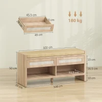HOMCOM Boho Shoe Bench with 2 Rattan Drawers, Shoe Storage Bench with Cushioned Seat and Open Shelf Oak Wood Effect(m-3)