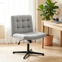 HOMCOM Armless Office Chair, Cross Legged Linen Computer Desk Vanity Chair with Wide Seat, Rocking Function, Grey(m-2)