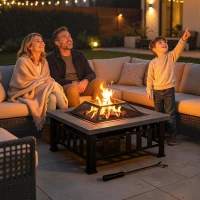 Outsunny Metal Large Firepit Outdoor Square Fire Pit Brazier with Rain Cover, Lid, Log Grate, Poker for Backyard, Camping, BBQ, Bonfire, Wood Burning Stove, 86 x 86 x 54cm, Black(m-2)