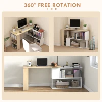 HOMCOM Corner Computer Desk, L Shaped Desk with 360° Rotating Bookshelf, 120L x 110W x 74.5H cm, Natural and White(m-5)