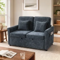 HOMCOM 2 Seater Sofa Bed 3-in-1 Convertible Chenille Pull Out Sleeper Sofa with 5-Position Adjustable Backrest, Dark Blue(m-14)