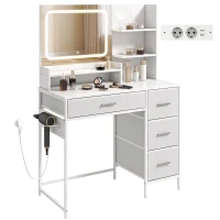 HOMCOM Masă de Toaletă Machiaj cu Oglindă LED 3 Culori, 4 Sertare și 5 Rafturi Deschise, 88x40x130 cm, Alb(m-8)
