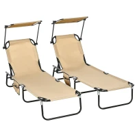 Outsunny 2 Piece Folding Sun Loungers with Canopy, Adjustable Recliner Garden Chairs with Side Pocket, Steel Frame and Breathable Mesh for Outdoor, Pool, Beach, Garden, Tan Brown(m-1)