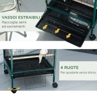 PawHut Gabbia Voliera per Uccelli per Interni con Ruote e Vassoi Estraibili, 51.5x50x140 cm, Verde Scuro(m-6)