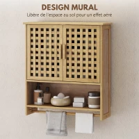 HOMCOM Armoire murale de salle de bain en bambou avec 2 portes ajourées, compartiment ouvert et étagère réglable, bois naturel(m-5)