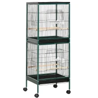PawHut Gabbia Voliera per Uccelli per Interni con Ruote e Vassoi Estraibili, 51.5x50x140 cm, Verde Scuro(m-1)
