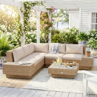 Outsunny 4 Pieces Rattan Garden Furniture Set, Garden Corner Sofa with Side Trays, Wicker Conservatory Furniture Set with Loveseats, Slatted Plastic Top Coffee Table and Cushions, Beige(m-9)