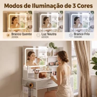 HOMCOM Penteadeira de Maquilhagem com Espelho LED 3 Toneladas de Luz Estação de Carregamento 4 Gavetas 5 Prateleiras Suporte para Secador Branco(m-4)