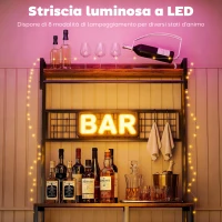 HOMCOM Scaffale Cucina con Prese e LED, Angolo Caffè, Asta Appendiabiti, Pannello in Metallo, 5 Ripiani, Cestello, 10 Ganci, Marrone Rustico(m-5)