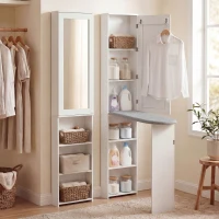 HOMCOM Faltbar Bügelbrettschrank mit Tür internen Regalen Spiegel Platzsparend Bügeltisch für Wäschepflege 106x35x174 cm Weiß(m-10)