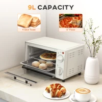 HOMCOM Mini Oven, 9L Countertop Electric Grill, Toaster Oven with Adjustable Temperature, Timer, Dishwasher Safe Baking Tray and Wire Rack, 750W, Cream(m-4)