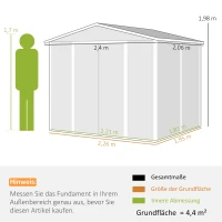 Outsunny Geräteschuppen aus Metall, wetterfest & rostfrei, abschließbar,  2,40 x 2,06 x 1,98 m, Hellgrau(m-3)