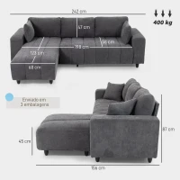 HOMCOM Sofá Chaise Longue Reversível 3 Lugares com 2 Almofadas Estofado em Linho e Estrutura em Aço 242x156x87 cm Cinzento Escuro(m-3)