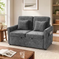 HOMCOM Sofá Cama 2 Plazas 3 en 1 con Respaldo Ajustable 5 Niveles Bolsillos Laterales 2 Almohadas para Sala de Estar Gris(m-7)
