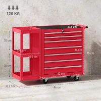 HOMCOM Cărucior pentru atelier Cărucior pentru scule cu 7 sertare raft lateral detașabil 4 roți cu frână de blocare, 96x33,5x75cm, Roșu(m-3)