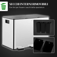 HOMCOM Pattumiera Differenziata30L con 3 Scomparti a Chiusura Silenziosa, in Acciaio Inox e PP, 49.6x34.5x38.6 cm, Argento(m-7)