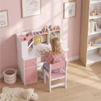 AIYAPLAY Bureau Enfant avec Chaise, Table d'Étude, Support de Tablette Réglable, Porte-Stylos, Panneau en Liège, 5-12 ans, Rose(m-17)
