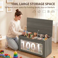 HOMCOM 100L Home Storage Box, with Safety Hinge - Dark Grey Wood-Effect(m-4)