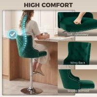HOMCOM Bar Stools Set of 2, Modern Swivel & Adjustable Velvet Barstools with Button-Tufted Back, Footrest for Home Bar, Green(m-6)