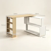 HOMCOM Corner Computer Desk, L Shaped Desk with 360° Rotating Bookshelf, 120L x 110W x 74.5H cm, Natural and White(m-3)