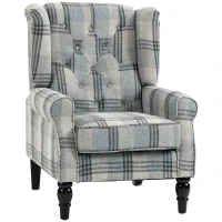 HOMCOM Faux Linen Armchair with Thick Spring Cushion, Wingback Accent Chair with High Back, Solid Wood Legs, Mixed Plaid(m-1)