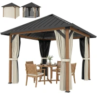 Outsunny 3 x 3(m) Hardtop Gazebo with Galvanised Steel Roof and Water Gutter, Waterproof Permanent Pavilion Garden Gazebo with Netting and Curtains for Patio, Deck, Walnut Wood Finish(m-11)