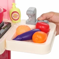 AIYAPLAY Cuisine pour Enfants Interactive, 33 Accessoires, avec Sons, Lumières, Rangement, 3-6 Ans, 67x25x87cm, Rose(m-10)