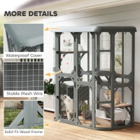 PawHut Catio Outdoor Cat Enclosure,  Wooden Cat House with Platforms, Condo and Waterproof Cover for 2–3 Kittens, Grey(m-7)