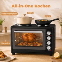 HOMCOM 36 l mini piekarnik z 2 płytami grzewczymi, elektryczny piekarnik stołowy z termoobiegiem, 90–230 °C(m-4)