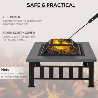 Outsunny Metal Large Firepit Outdoor Square Fire Pit Brazier with Rain Cover, Lid, Log Grate, Poker for Backyard, Camping, BBQ, Bonfire, Wood Burning Stove, 86 x 86 x 54cm, Black(m-5)